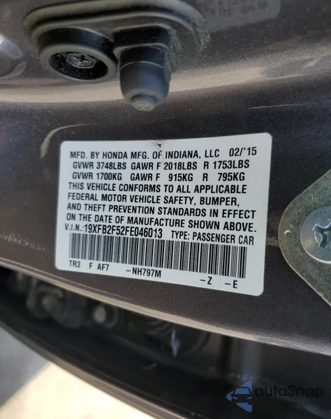 2015 Honda Civic Lx z USA, uszkodzony, nr VIN 19XFB2F52FE046013